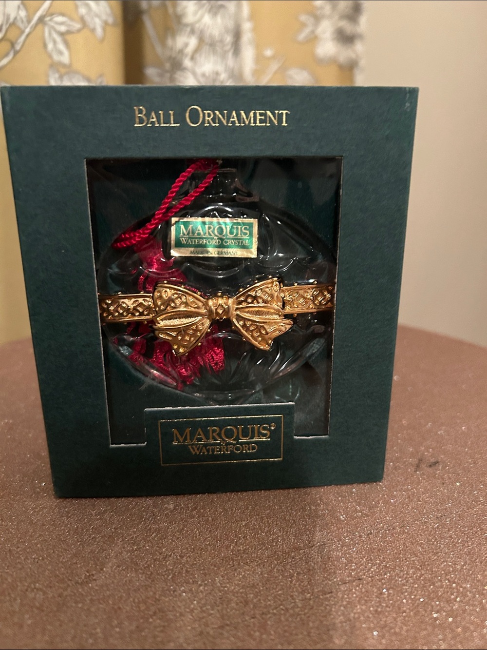 Waterford Marquis Crystal Ball Ornament with Gold Bow and Red Cord